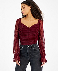 Juniors' Ruched Lace Sweetheart-Neck Top