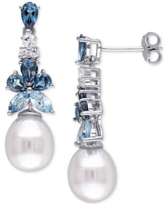 Macy's - Cultured Freshwater Pearl (8-1/2 - 9mm) & Multi-Topaz (2-1/2 ct. t.w.) Drop Earrings in Sterling Silver