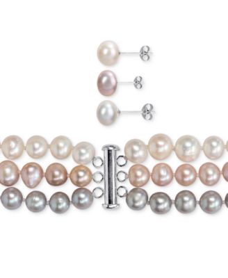 7-Pc. Set White, Black, & Gray Cultured Freshwater Pearl (7-1/2 - 8mm) Necklace, Bracelets, & Stud Earrings