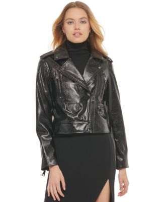 DKNY - Women's Crackle Faux-Leather Zippered Moto Jacket