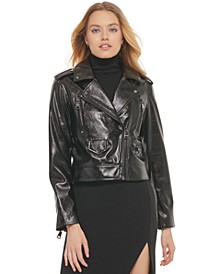 Women's Crackle Faux-Leather Zippered Moto Jacket