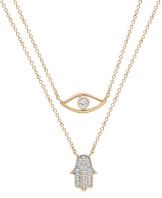 Diamond Evil Eye & Hamsa Hand Layered Pendant Necklace (1/6 ct. t.w.) in 10k Gold, 17" + 1" extender, Created for Macy's