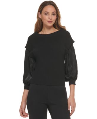 DKNY - Women's Mixed-Media Blouson 3/4-Sleeve Sweater