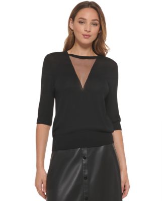 Split Crewneck Elbow-Sleeve Sweater 