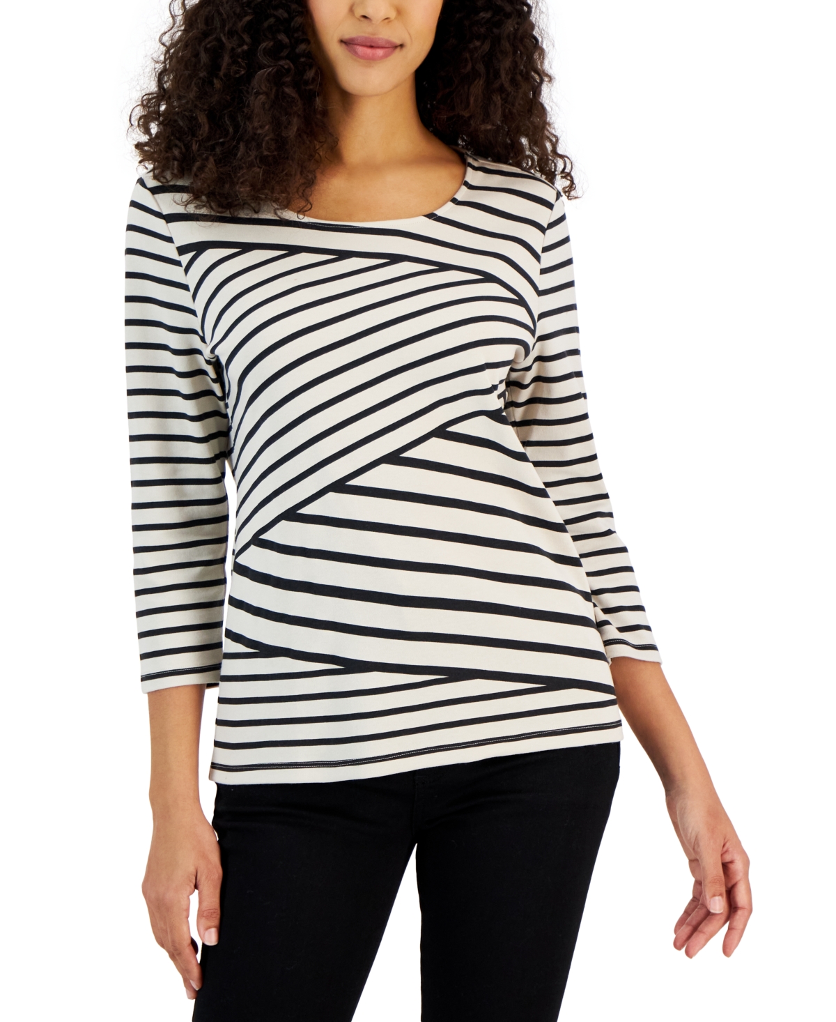 Karen Scott Women's Callie Asymmetrical-stripe 3/4-sleeve Top, Created For Macy's In Pebble