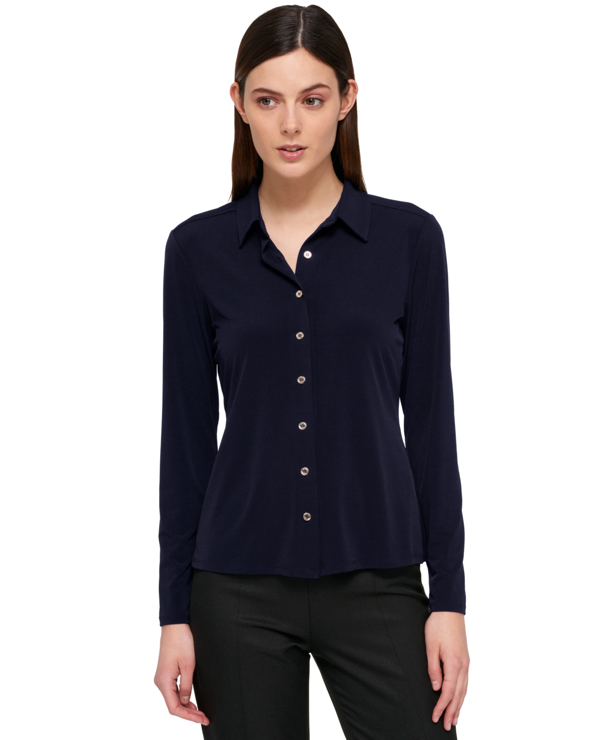 Shop Tommy Hilfiger Women's Point-collar Blouse In Midnight