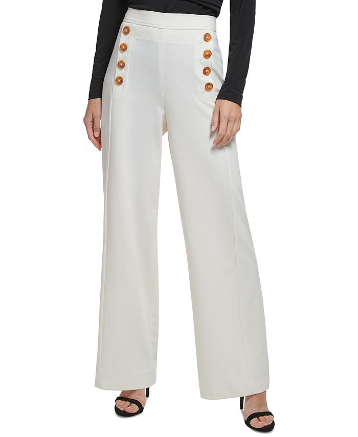 Mock Button Shirred Waist Wide Leg Sailor Pants In WHITE