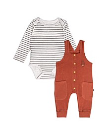 Baby Boy Organic Cotton Bodysuit And Overall Set Striped Rust And Heather Beige - Infant