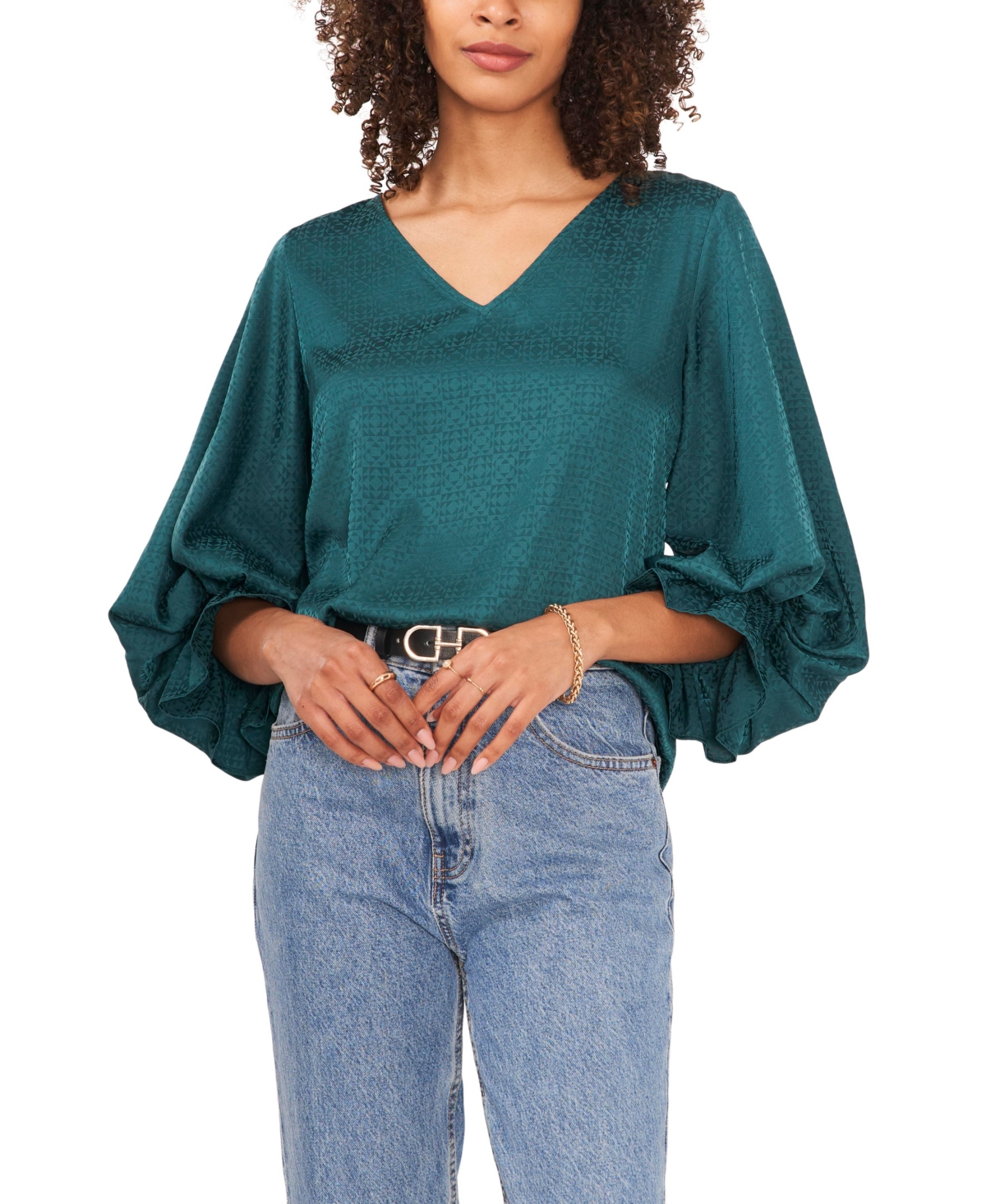 Vince Camuto Geo Print Jacquard Bubble Sleeve Blouse In Rich Spruce