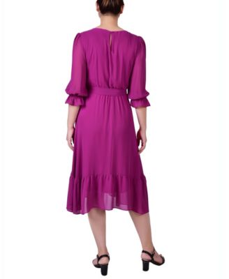 Women's 3/4 Sleeve V-Neck Flounced Dress