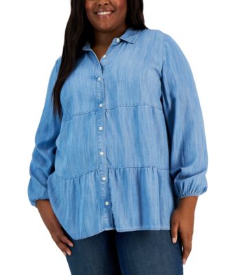 Style & Co - Plus Size Long-Sleeve Point-Collar Tiered Shirt