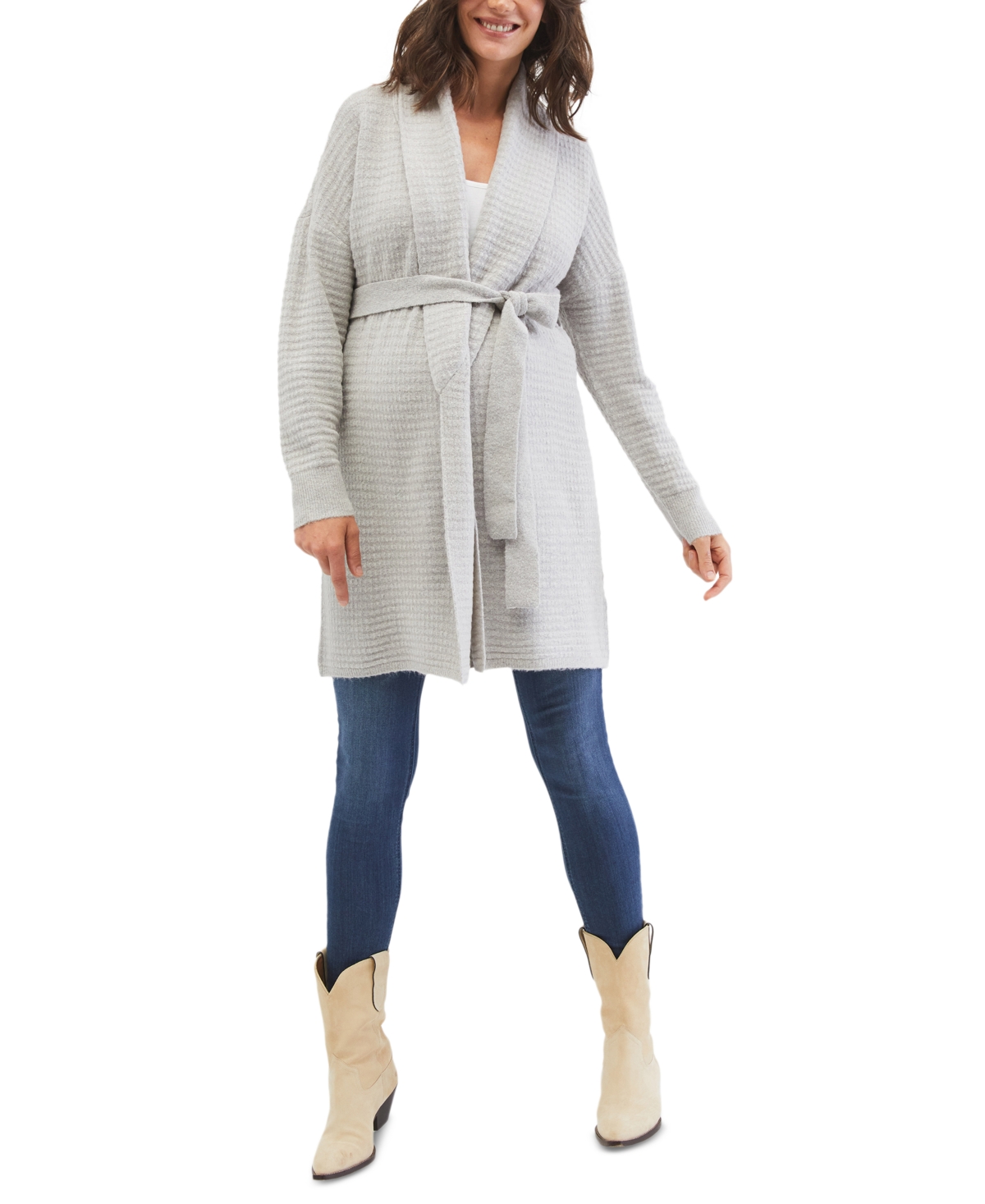 Motherhood Maternity Waffle-knit Wrap Maternity Cardigan In Grey