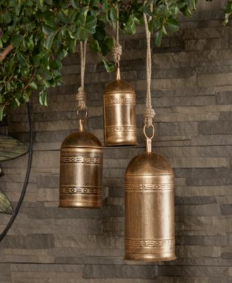 Gold-Tone Metal Bohemian Decorative Cow Bell with Jute Hanging Rope Set 3 Pieces