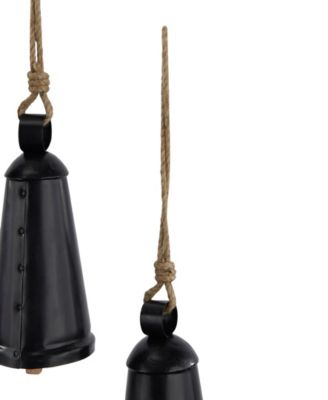 Black Metal Bohemian Decorative Cow Bell with Jute Hanging Rope Set 3 Pieces