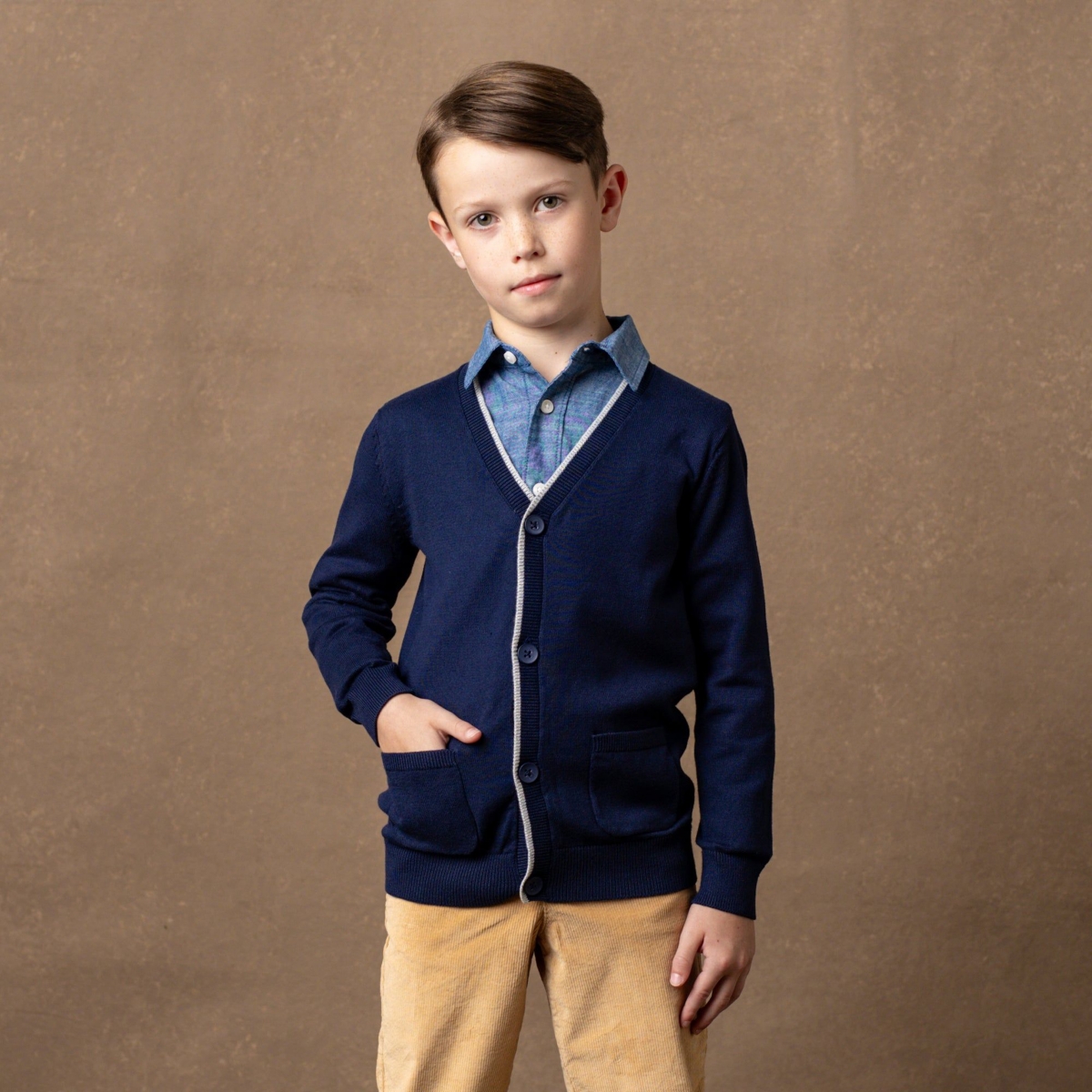 Hope & Henry Boys Organic Tipped Cardigan with Elbow Patches