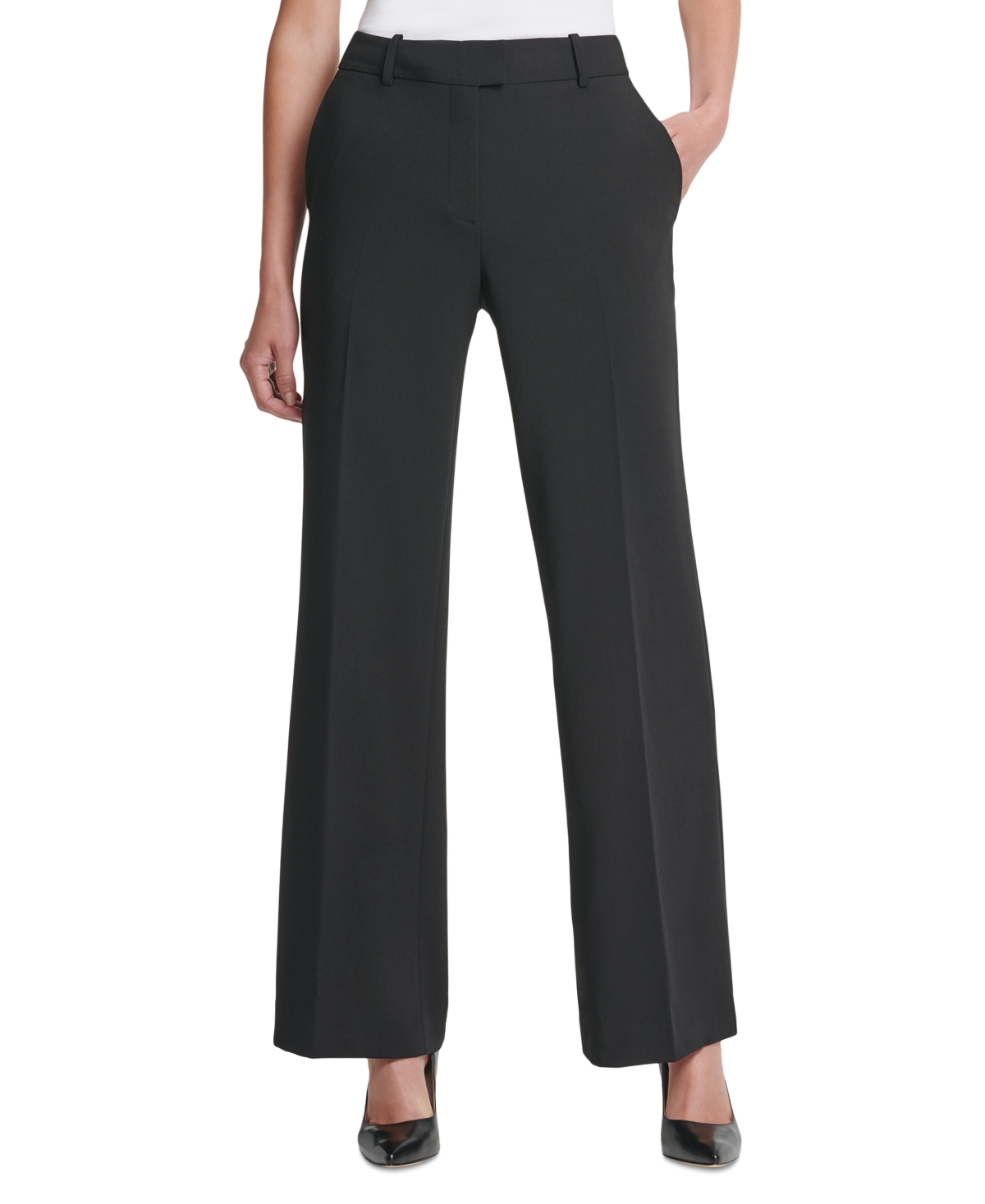 Dkny Petite Solid Fixed-waist Slant-pocket Wide-leg Pants In Black