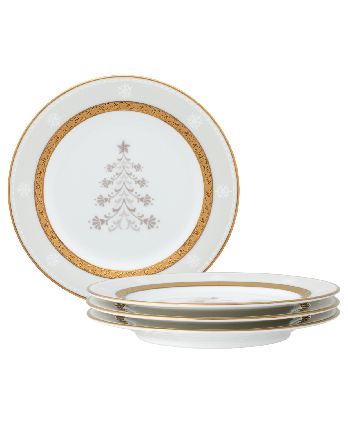 Noritake Charlotta Gold Set Of 4 Holiday Tree Appetizer Plates, 6-1/4" In White And Gold