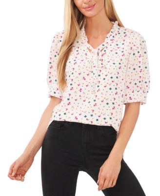 CeCe - Women's Floral-Print Puff-Sleeve Tie-Neck Top