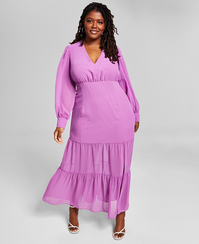 III Plus Size Tiered Long-Sleeve Chiffon Maxi Dress, Created Macy's Macy's