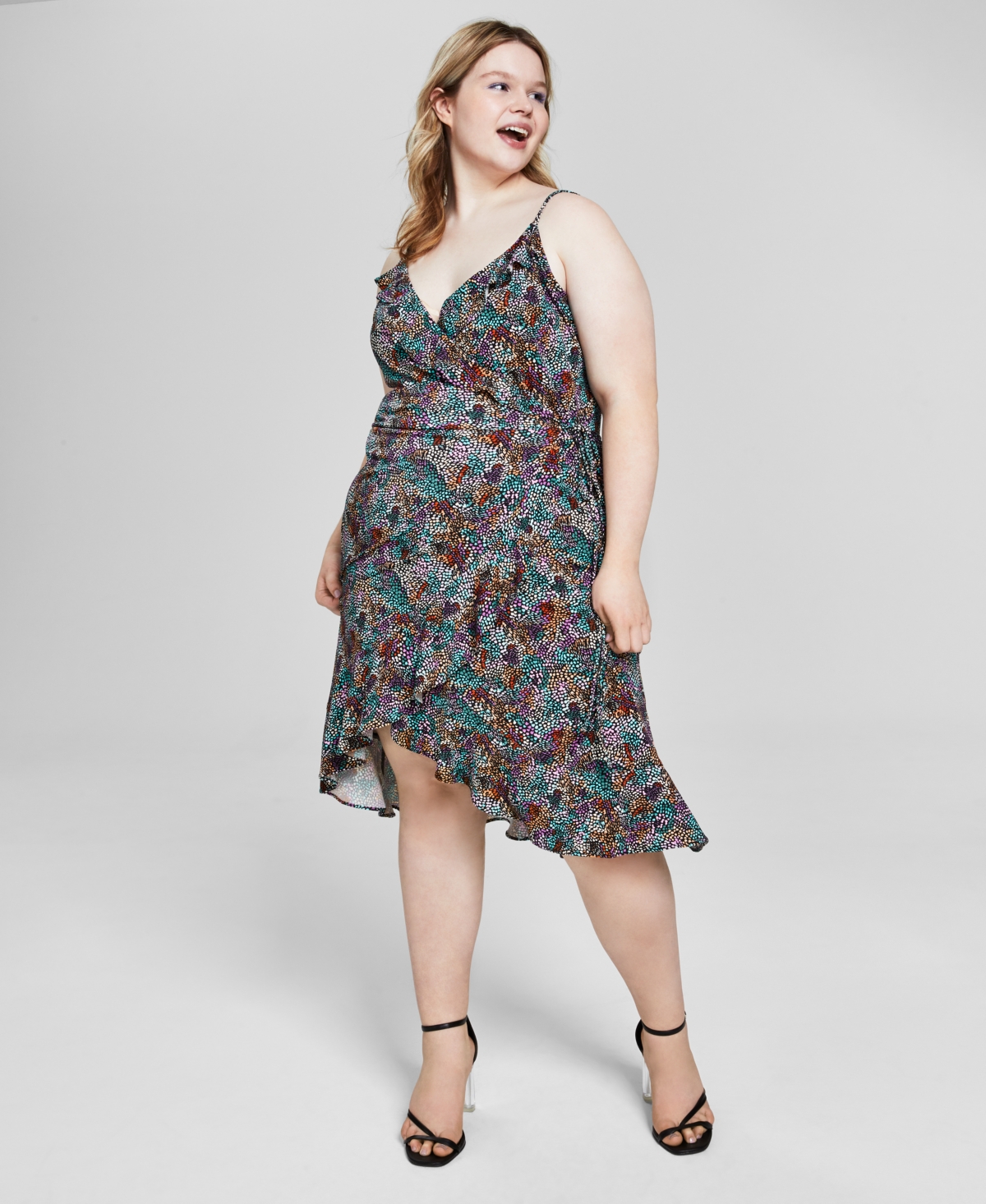 Bar Iii Plus Size Ruffled Sleeveless Wrap Midi Dress, Created For Macy's In Texture Mirage