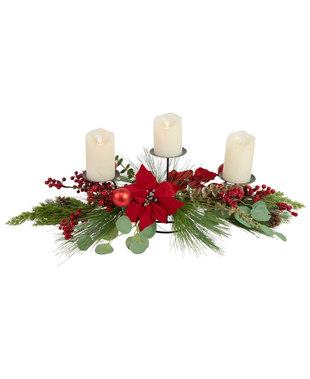 Triple Candle Holder With Berry and Poinsettia Christmas Decor, 32" - Black