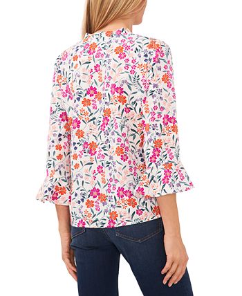 CeCe Women's Pleated Floral-Print Long-Sleeve Top