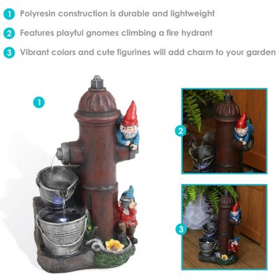 16"H Electric Polyresin Gnomes Climbing Fire Hydrant Outdoor Water Fountain with LED Light