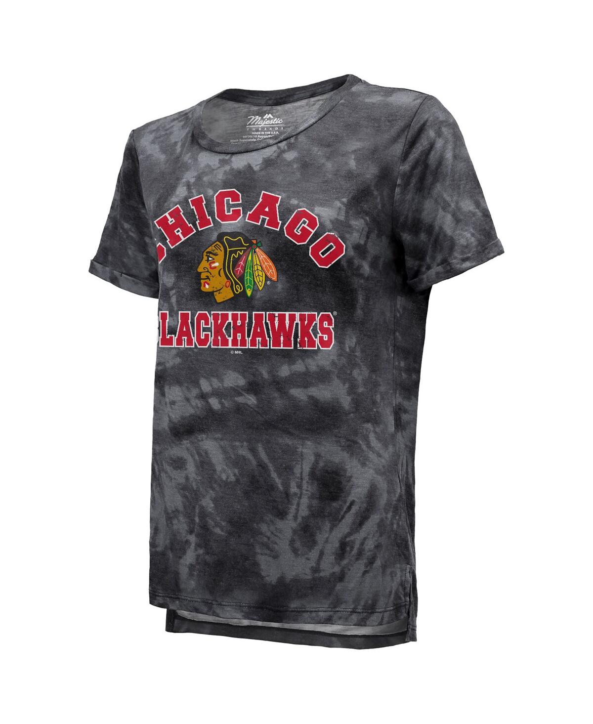 MAJESTIC WOMEN'S MAJESTIC THREADS BLACK CHICAGO BLACKHAWKS BOYFRIEND TIE-DYE TRI-BLEND T-SHIRT 