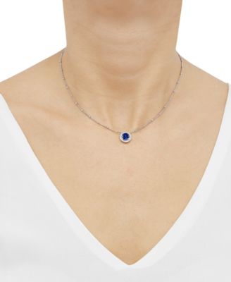 Lab-Grown Sapphire (1-5/8 ct. t.w.) & Lab-Grown White Sapphire  (1/6 ct. t.w.) Halo Pendant Necklace in Sterling Silver, 16" + 2" extender
