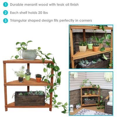Meranti Wood 3-Tier Corner Plant Stand Shelves with Teak Oil Finish - Indoor/Outdoor Wooden Planter Furniture - Potted Plant Holder Table for Patio and Home - 36-Inch