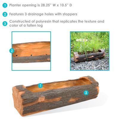 Polyresin Decorative Outdoor Raised Rustic Log Planter for Garden, Patio, Deck, Yard, Porch and Balcony - 35" W - Brown