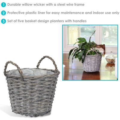 5-Piece Wicker Planter Basket Set with Handles - Plastic Lined Containers - For Indoor Use Only - Willow Wicker Construction with Steel Wire Frame - 8-Inch Diameter