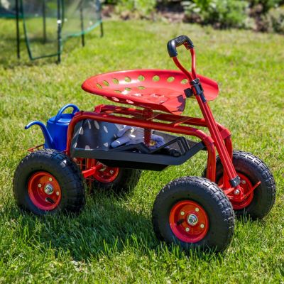 Garden Cart Rolling Scooter with Extendable Steering Handle - Swivel Seat and Utility Basket - Red
