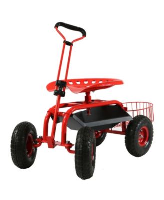Garden Seat with Wheels - Rolling Garden Stool with Extendable Steer Handle, Swivel Seat and Utility Tool Tray - Red