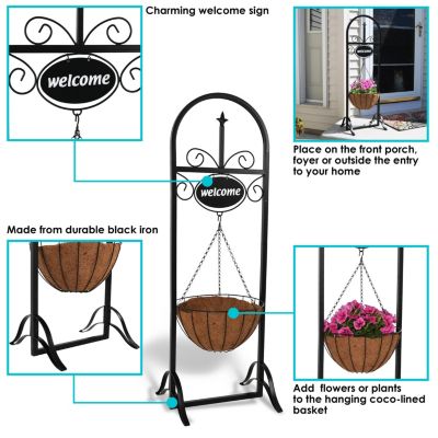 Hanging Basket Planter Stand with Decorative "Welcome" Sign - 48-Inch Tall