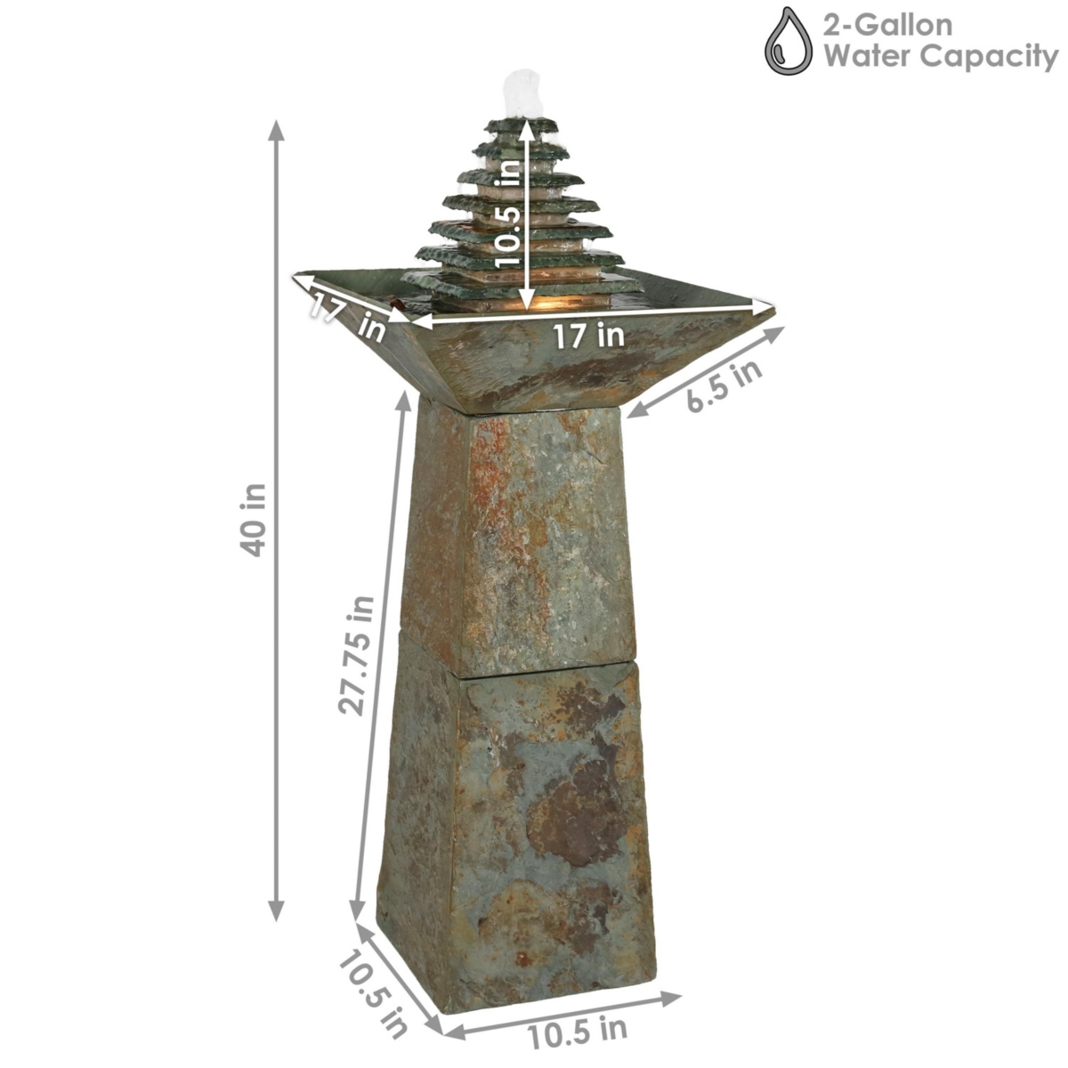 Sunnydaze Decor Layered Slate Pyramid Water Fountain with Led Lights -