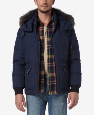 Men's Down Bomber with Faux Fur Trim and Removable Hood
