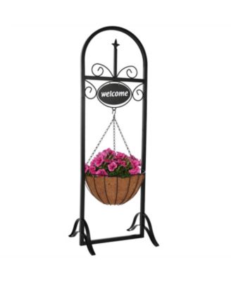 Iron Decorative Welcome Sign and Coco Grass Liner Hanging Basket Planter Stand - 48" H - Black