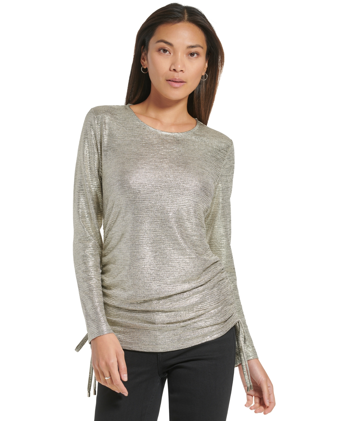 Calvin Klein Women's Long Sleeve Metallic Side Ruched Top