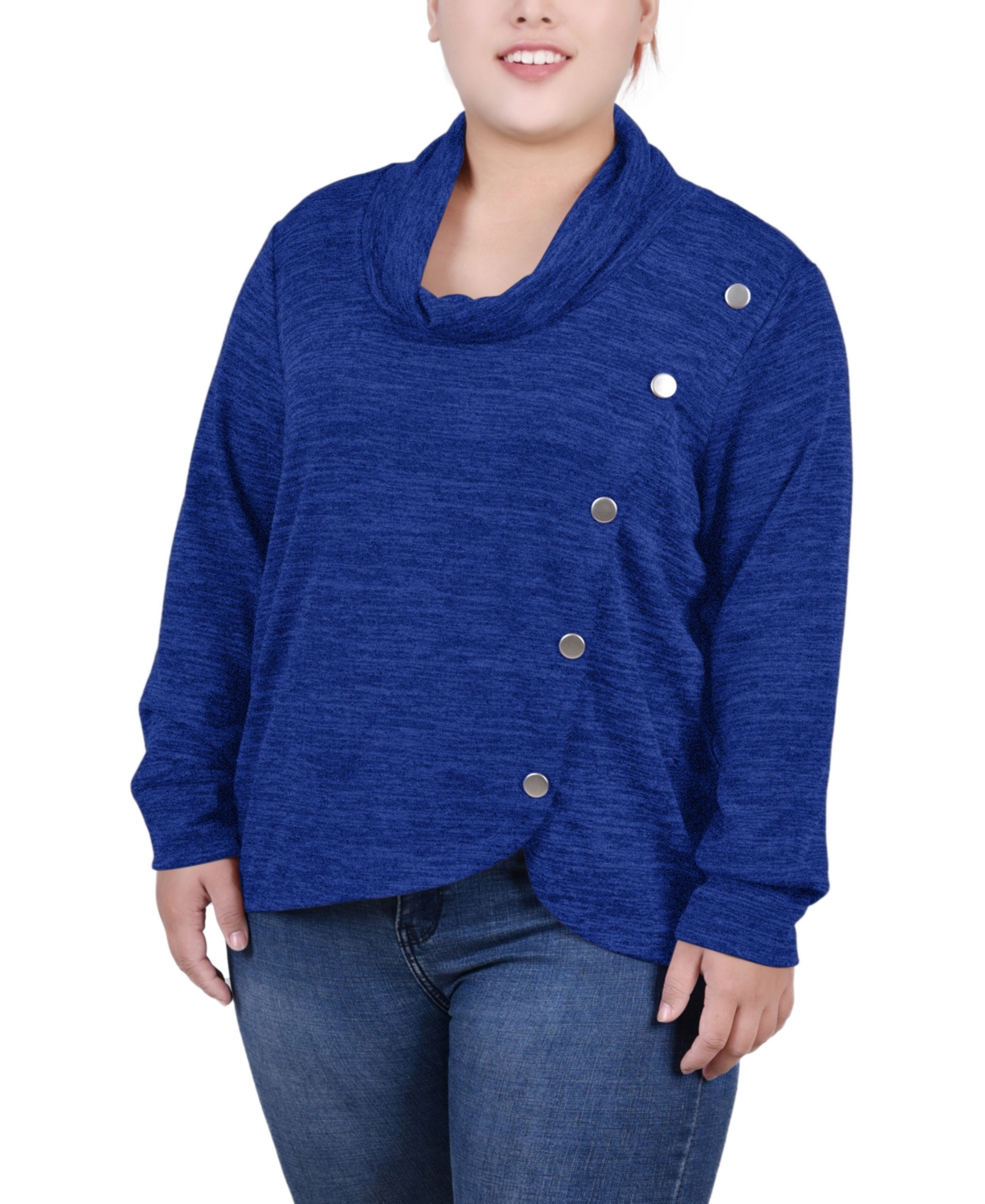 Ny Collection Plus Size Long Sleeve Overlapping Cowl Neck Top In Royal