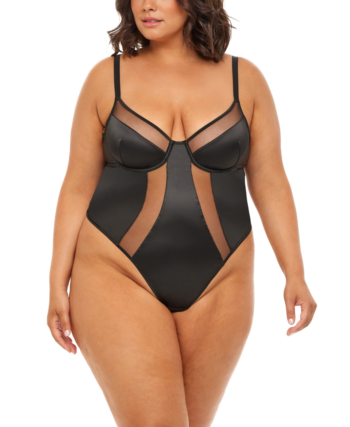Women's Plus Size Royale Unlined Underwire Teddy with Sheer Illusion Detail - Black