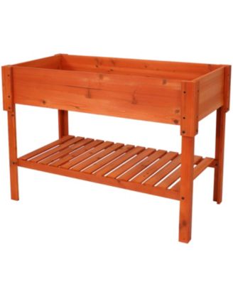 Outdoor Raised Wooden Garden Bed with Lower Shelf for Flowers, Herbs, Green Plants, and Vegetables - 42" W - Stained Finish
