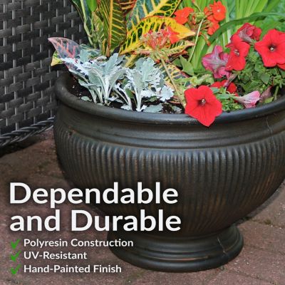 Indoor/Outdoor Patio, Garden, or Porch Weather-Resistant Double-Walled Elizabeth Ribbed Urn Flower Pot Planter - 15"