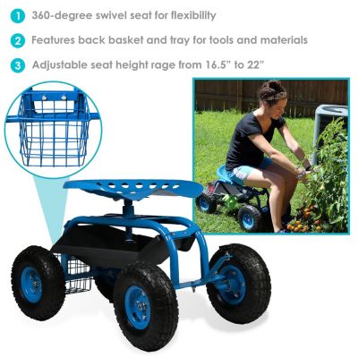 Rolling Gardening Cart with Adjustable 360-Degree Swivel Seat - Utility Tool Tray and Storage Basket - Blue