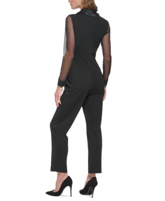 Jessica Howard Petite Illusion-Sleeve Jumpsuit - Macy's