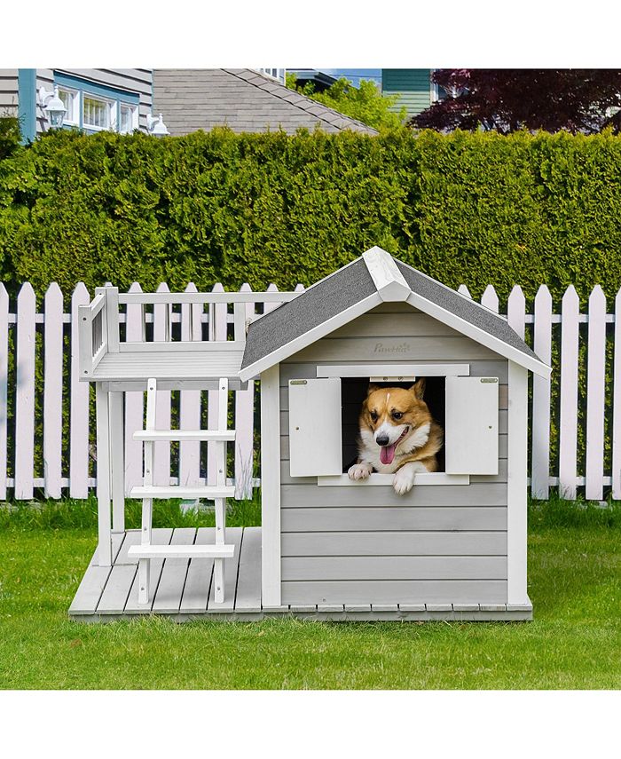 PawHut 2Story Wooden Outdoor Dog House Stairs Balcony Medium, Large
