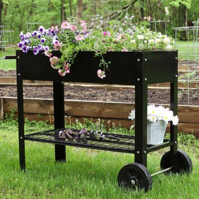 Outdoor Galvanized Steel Raised Mobile Elevated Planter Cart with Handlebar and Wheels - 43"