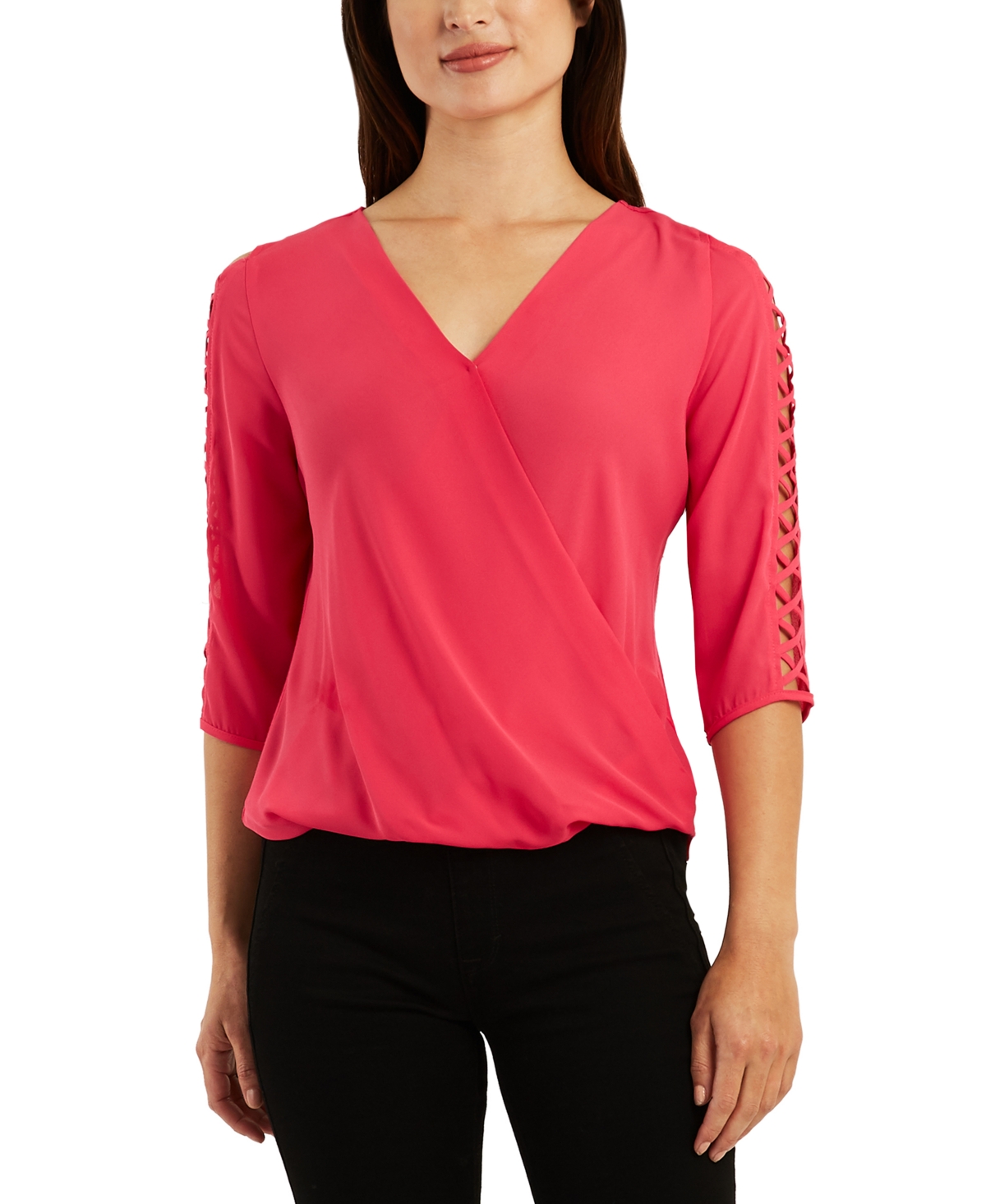 Bcx Juniors' Surplice V-neck Latticed 3/4-sleeve Top In Fuchsia