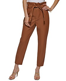 Faux Leather High Rise Tie Waist Ankle Pants 