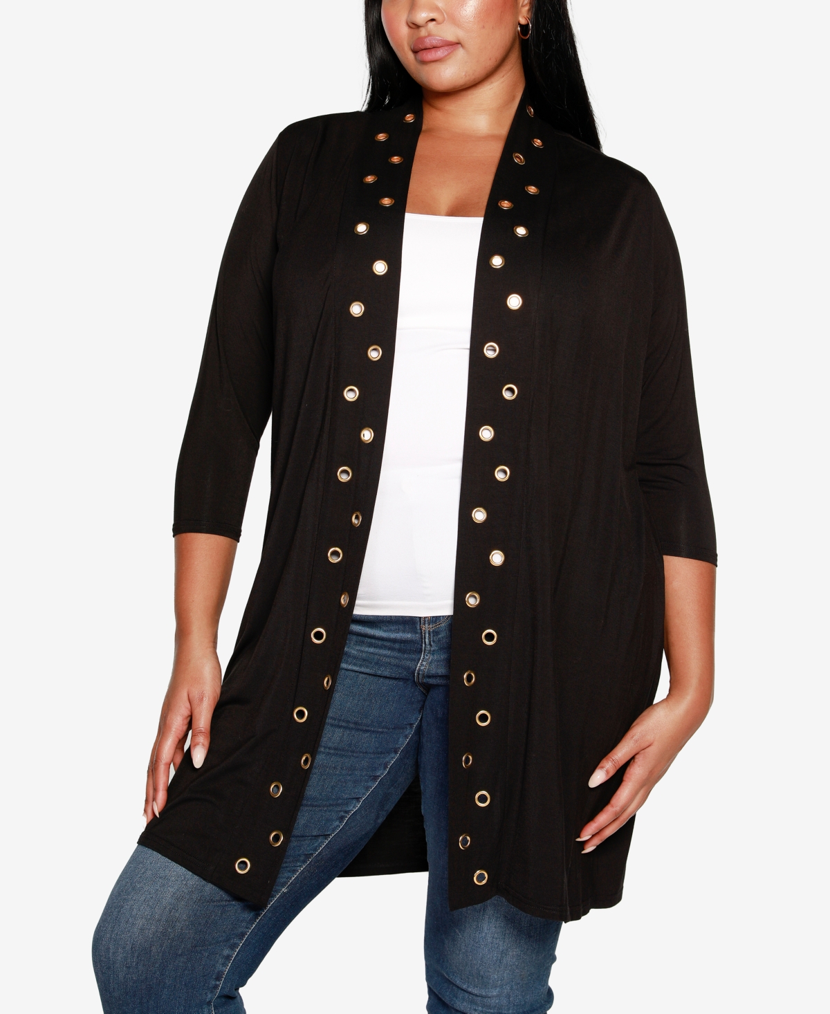 Shop Belldini Plus Size Grommet-trim Duster Cardigan Sweater In Black,gold